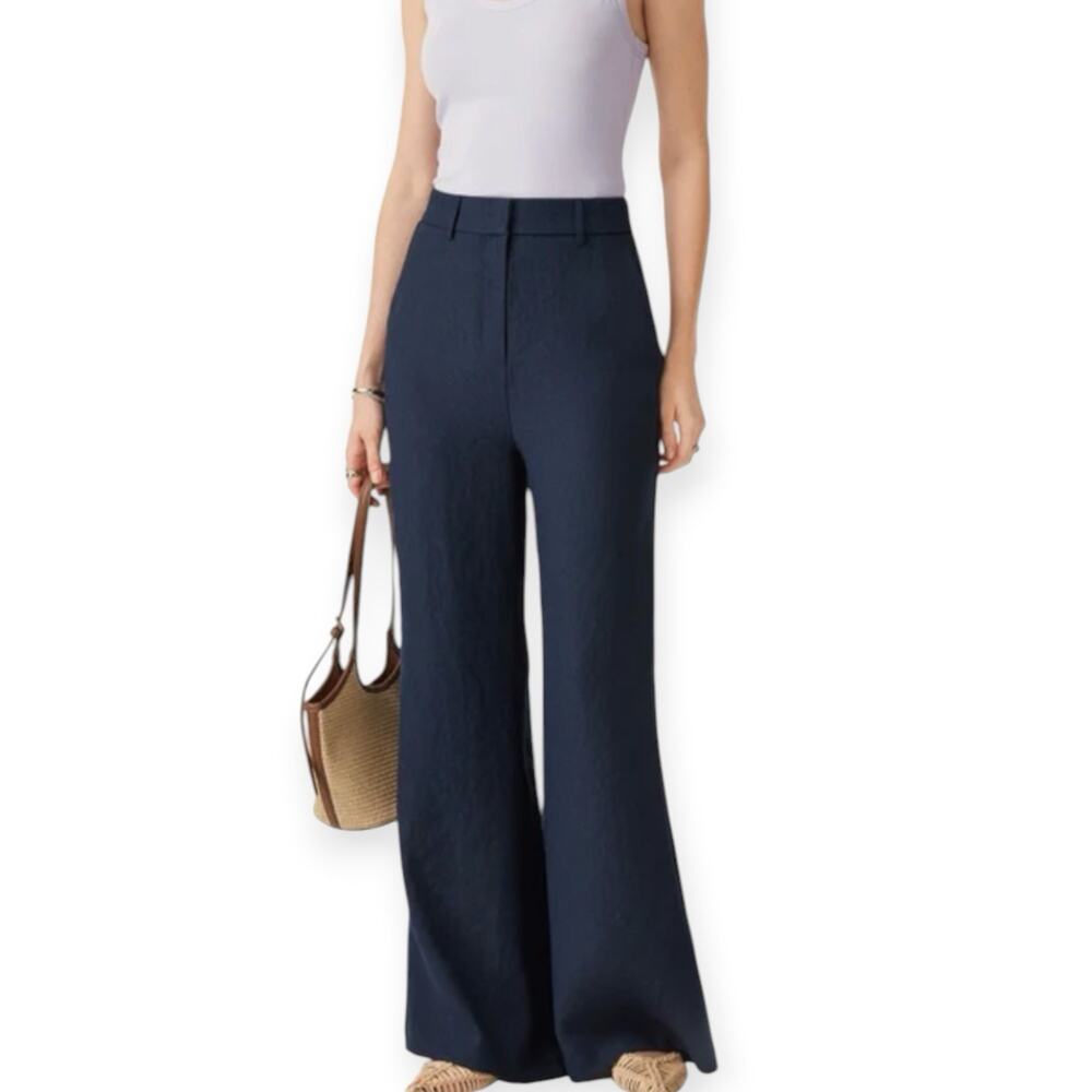 NWT OGL European Linen-Like Mid Rise Flared Pant Size Medium Pockets Denim Navy